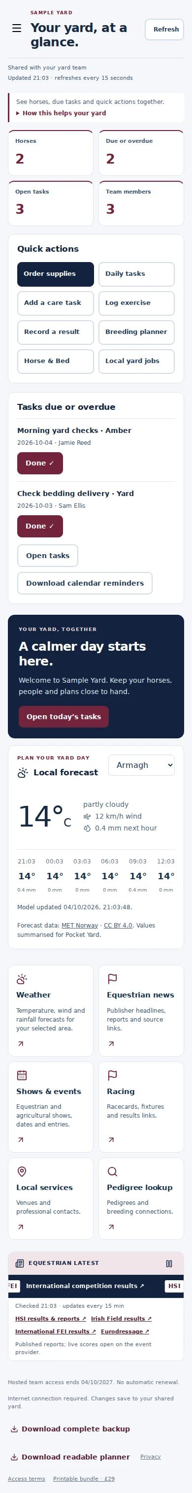 Home mobile interface with fictional sample data