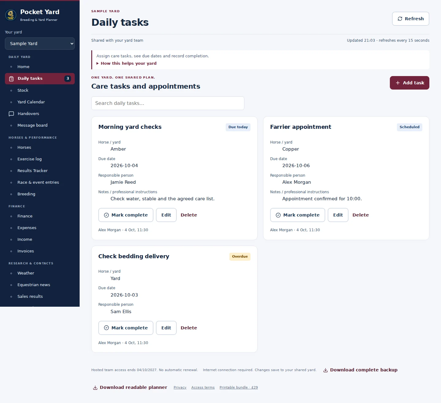 Daily tasks desktop interface with fictional sample data