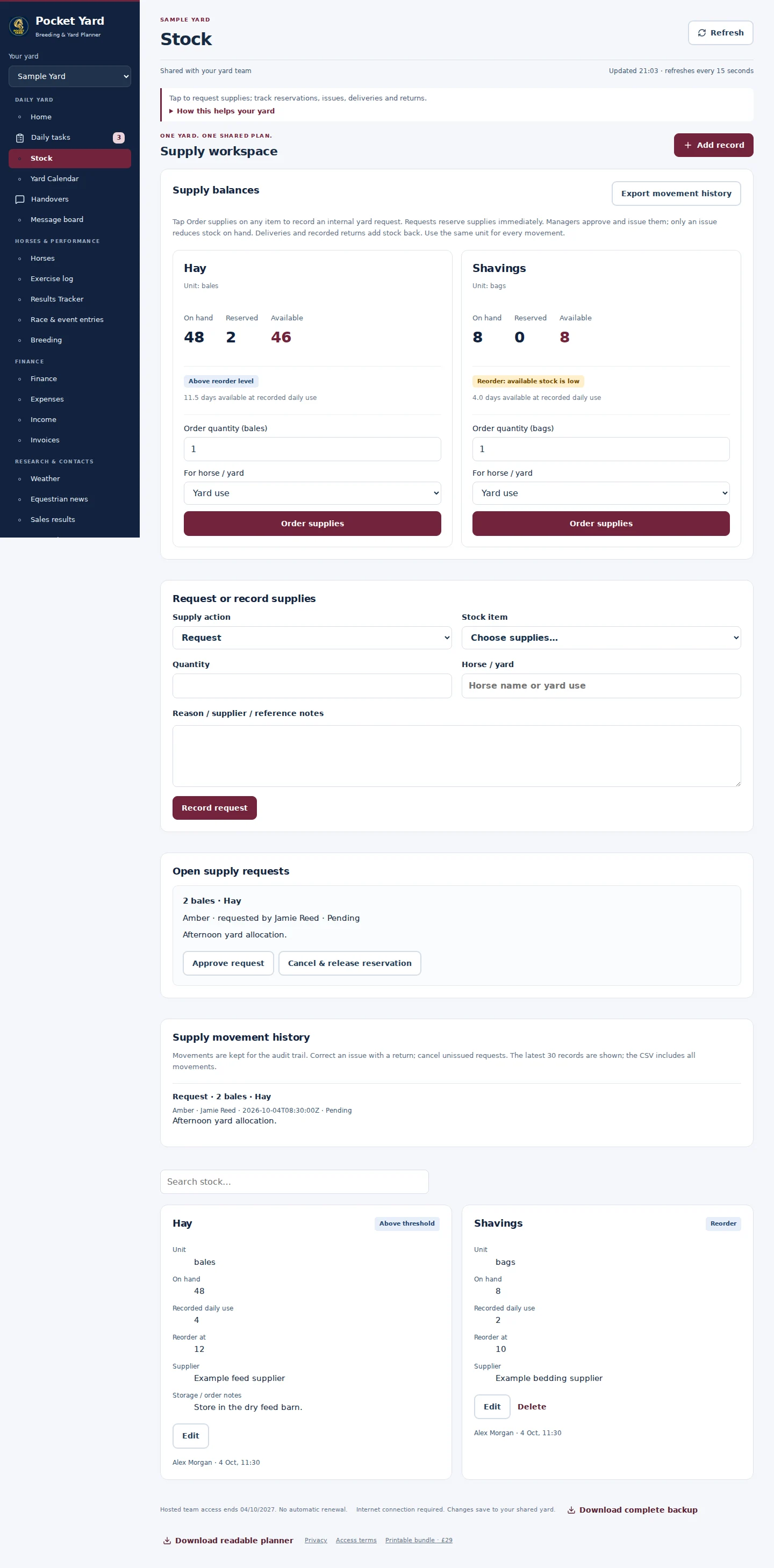 Stock desktop interface with fictional sample data