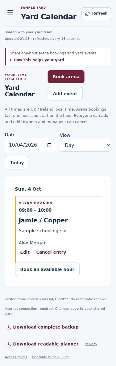 Yard Calendar mobile interface with fictional sample data
