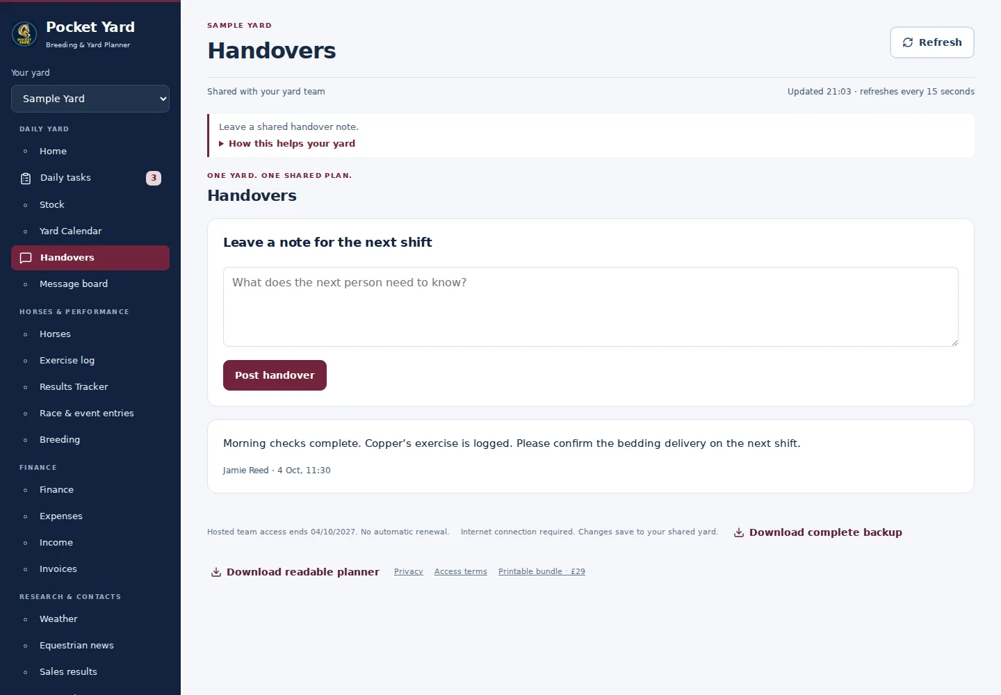 Handovers desktop interface with fictional sample data