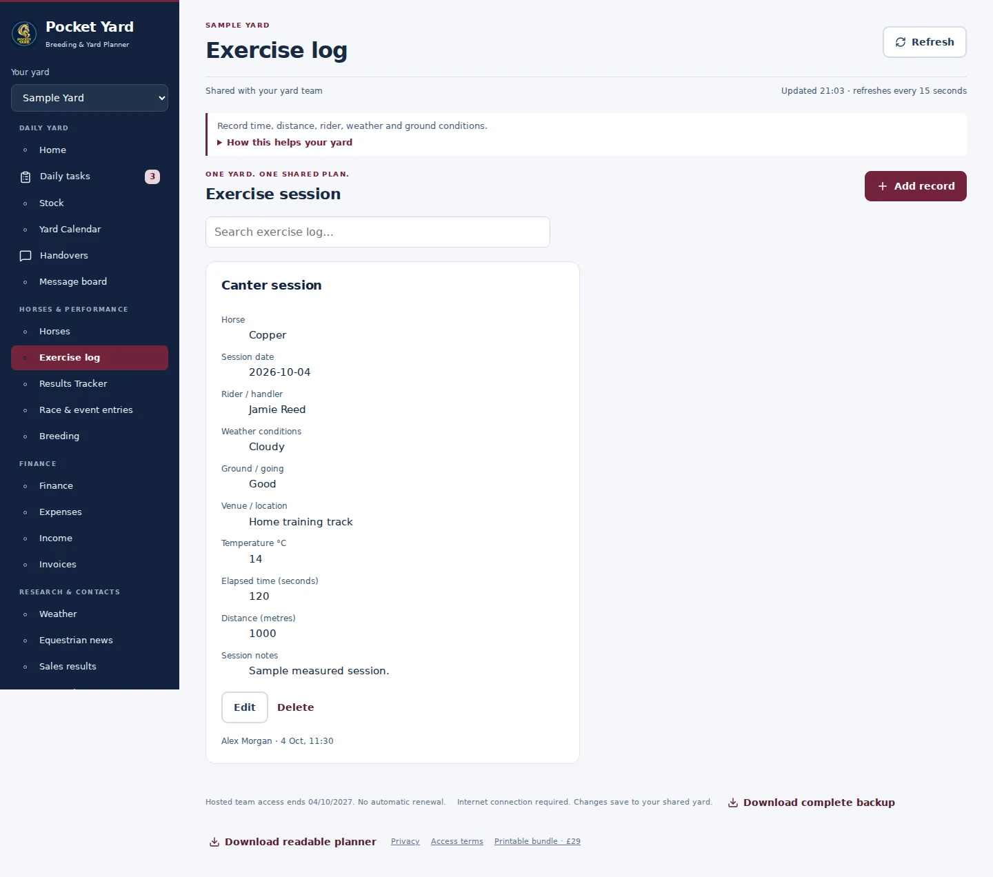 Exercise log desktop interface with fictional sample data