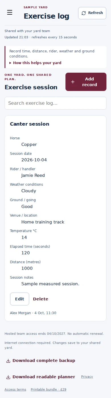 Exercise log mobile interface with fictional sample data