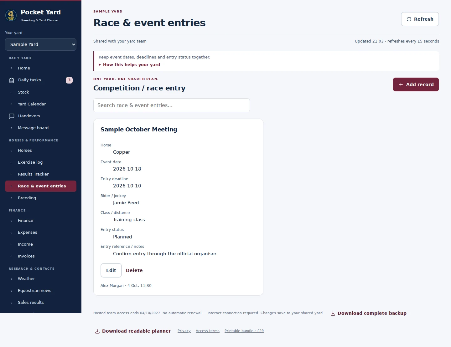 Race & event entries desktop interface with fictional sample data