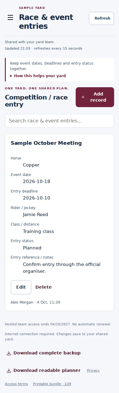 Race & event entries mobile interface with fictional sample data