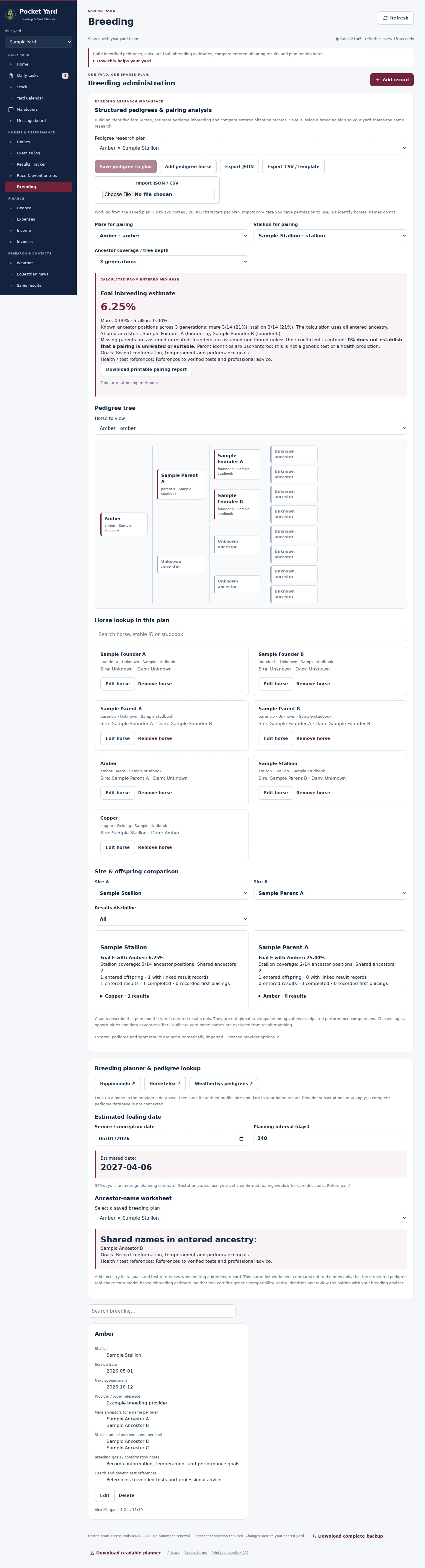 Breeding desktop interface with fictional sample data