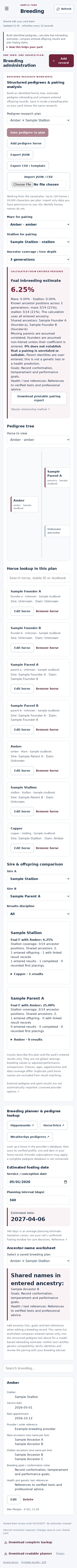 Breeding mobile interface with fictional sample data