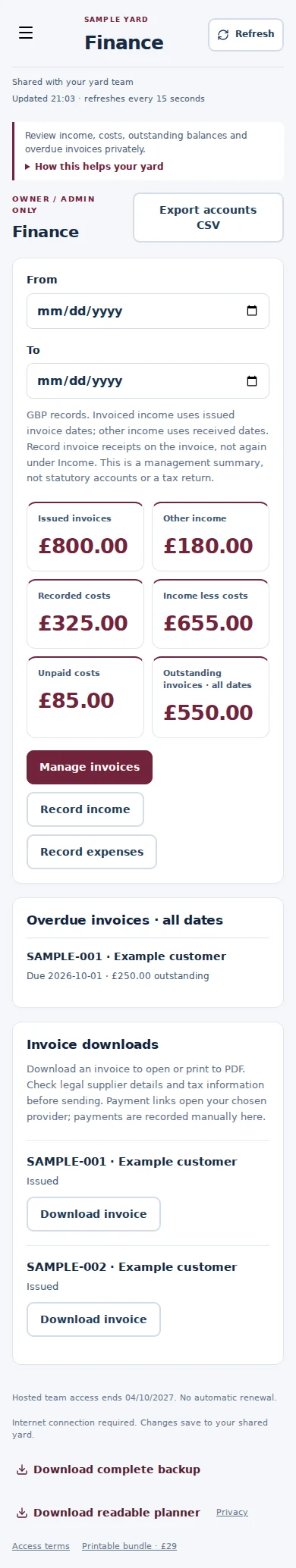 Finance mobile interface with fictional sample data