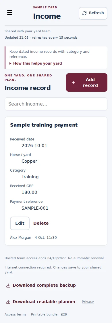 Income mobile interface with fictional sample data