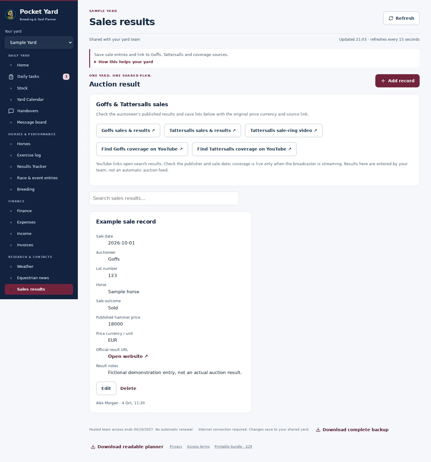 Sales results desktop interface with fictional sample data
