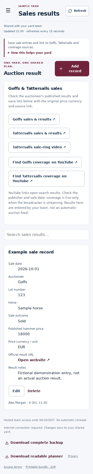 Sales results mobile interface with fictional sample data
