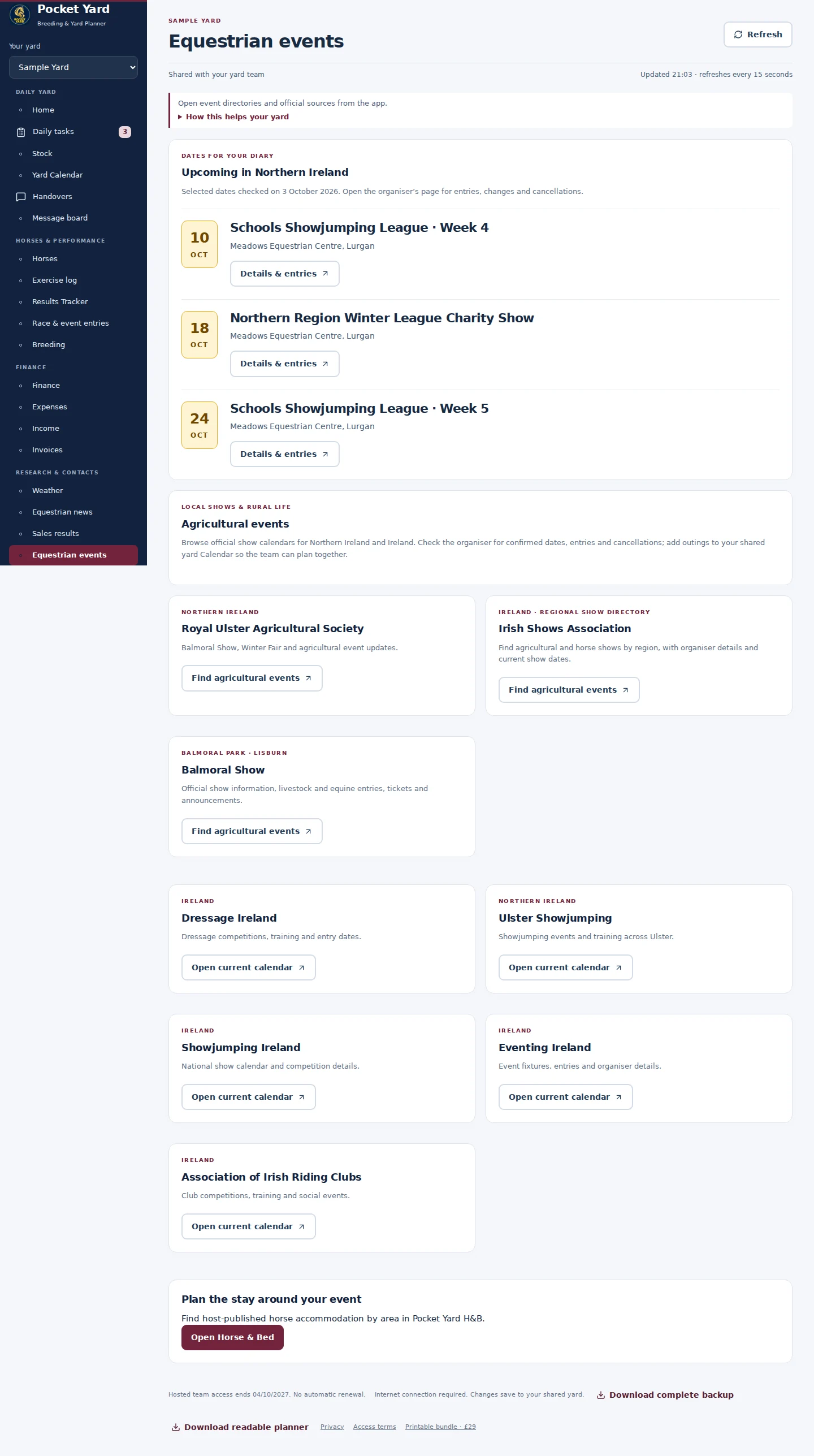 Equestrian events desktop interface with fictional sample data