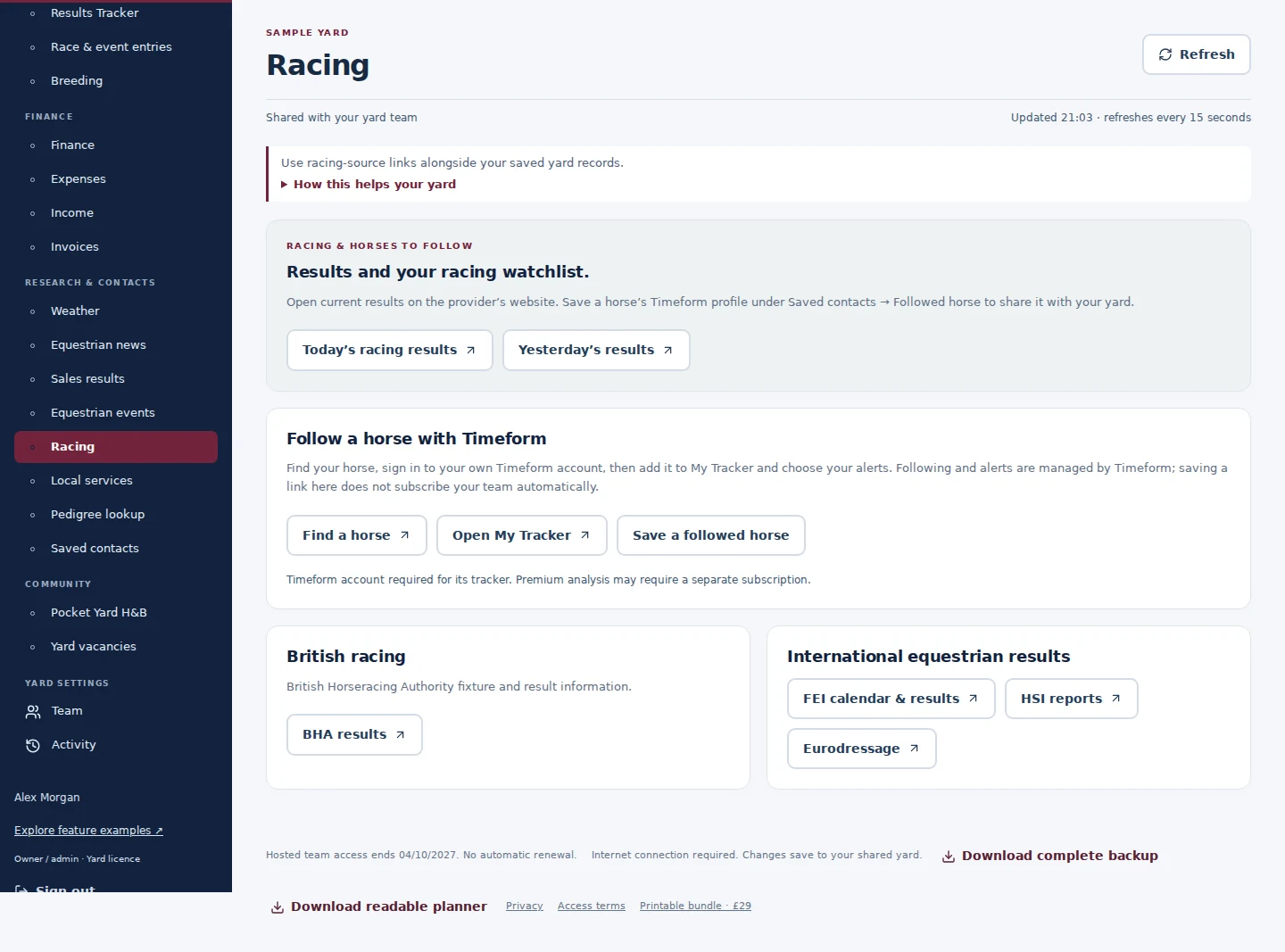 Racing desktop interface with fictional sample data