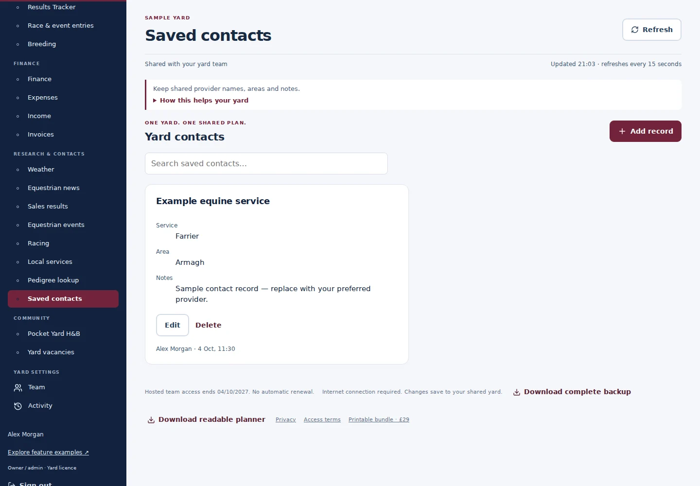 Saved contacts desktop interface with fictional sample data