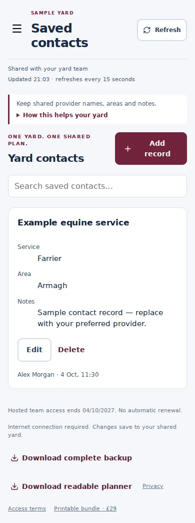Saved contacts mobile interface with fictional sample data