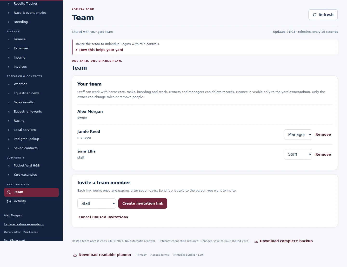 Team desktop interface with fictional sample data