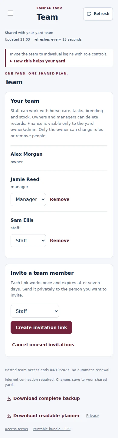 Team mobile interface with fictional sample data