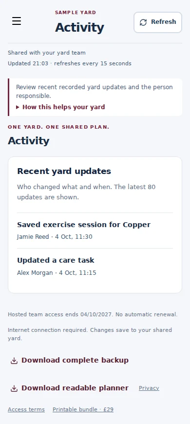 Activity mobile interface with fictional sample data