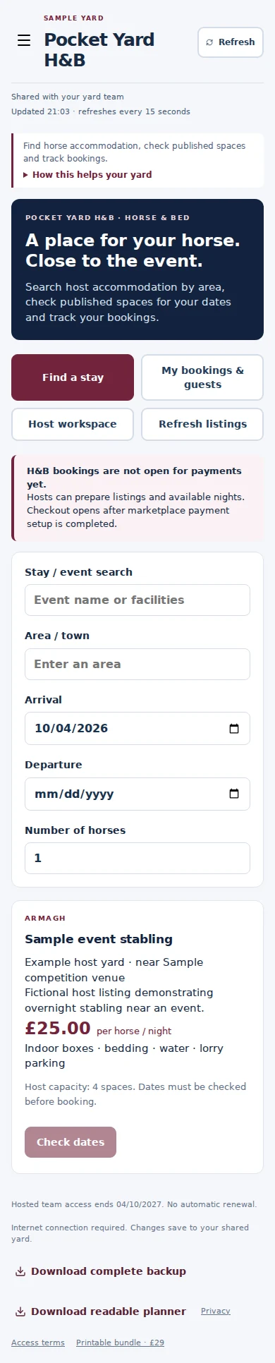 Pocket Yard H&B mobile interface with fictional sample data
