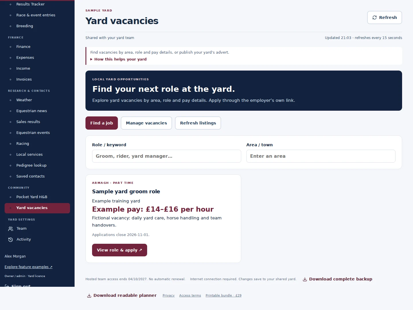Yard vacancies desktop interface with fictional sample data