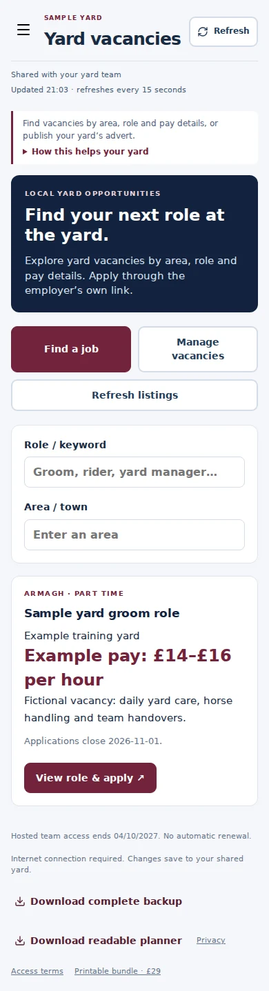Yard vacancies mobile interface with fictional sample data