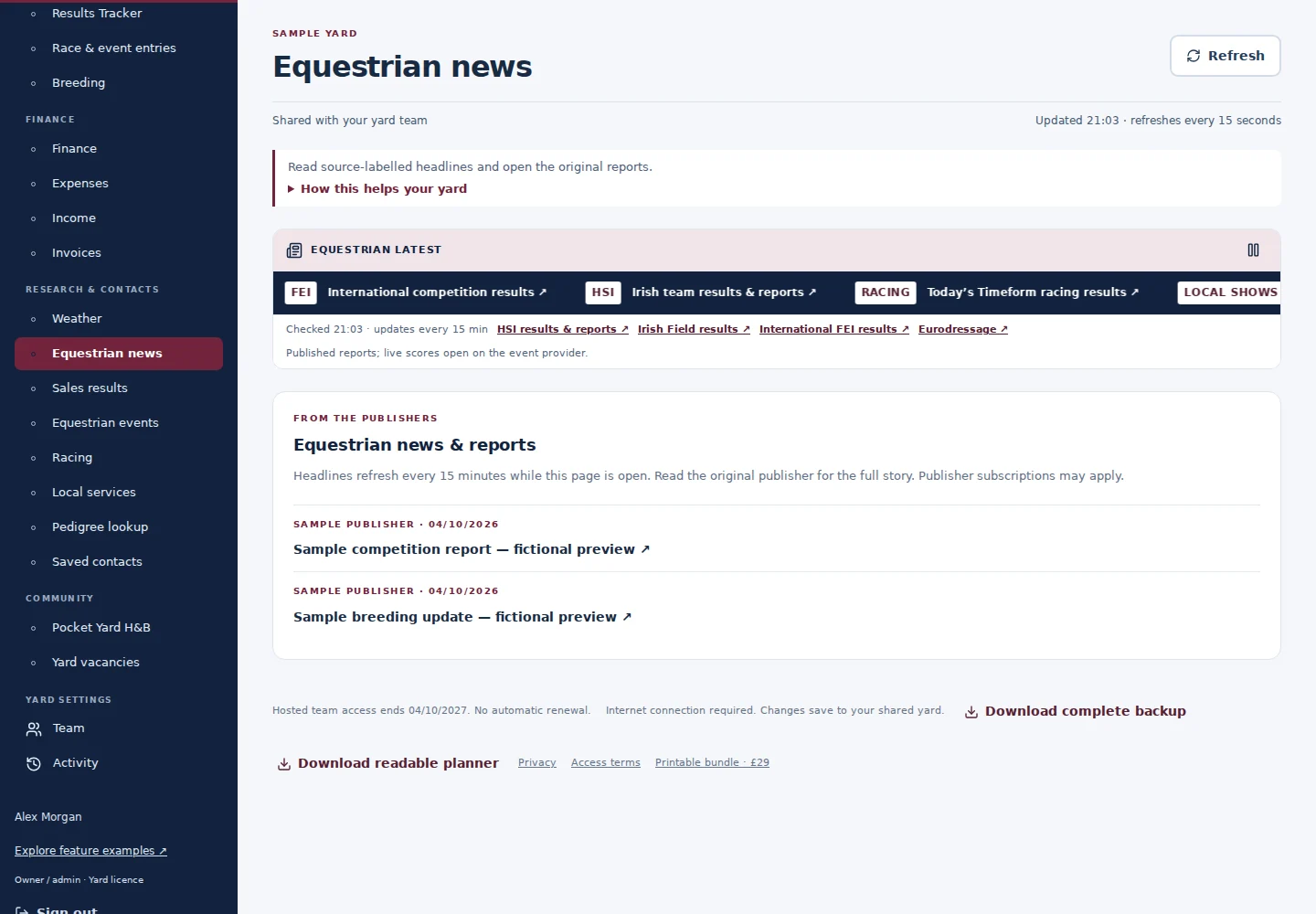 Equestrian news desktop interface with fictional sample data
