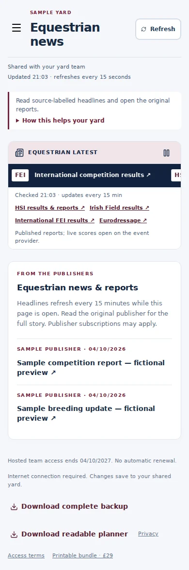 Equestrian news mobile interface with fictional sample data